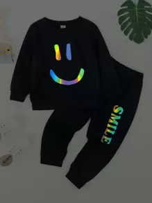 SHEIN Toddler Boys Reflective Smile Face Print Sweatshirt & Joggers - Black - View 1