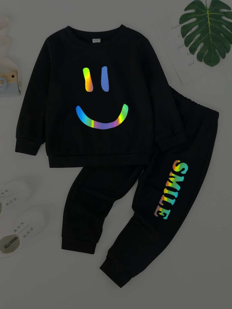 SHEIN Toddler Boys Reflective Smile Face Print Sweatshirt & Joggers - Black - View 1