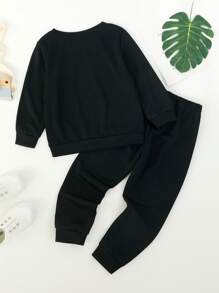 SHEIN Toddler Boys Reflective Smile Face Print Sweatshirt & Joggers - Black - View 2