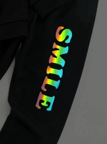 SHEIN Toddler Boys Reflective Smile Face Print Sweatshirt & Joggers - Black - View 3