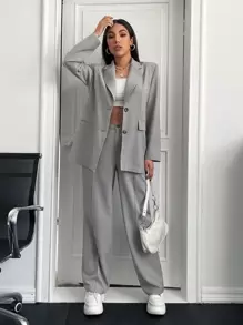 BizChic Solid Lapel Neck Blazer & Suit Trousers - Grey - View 1