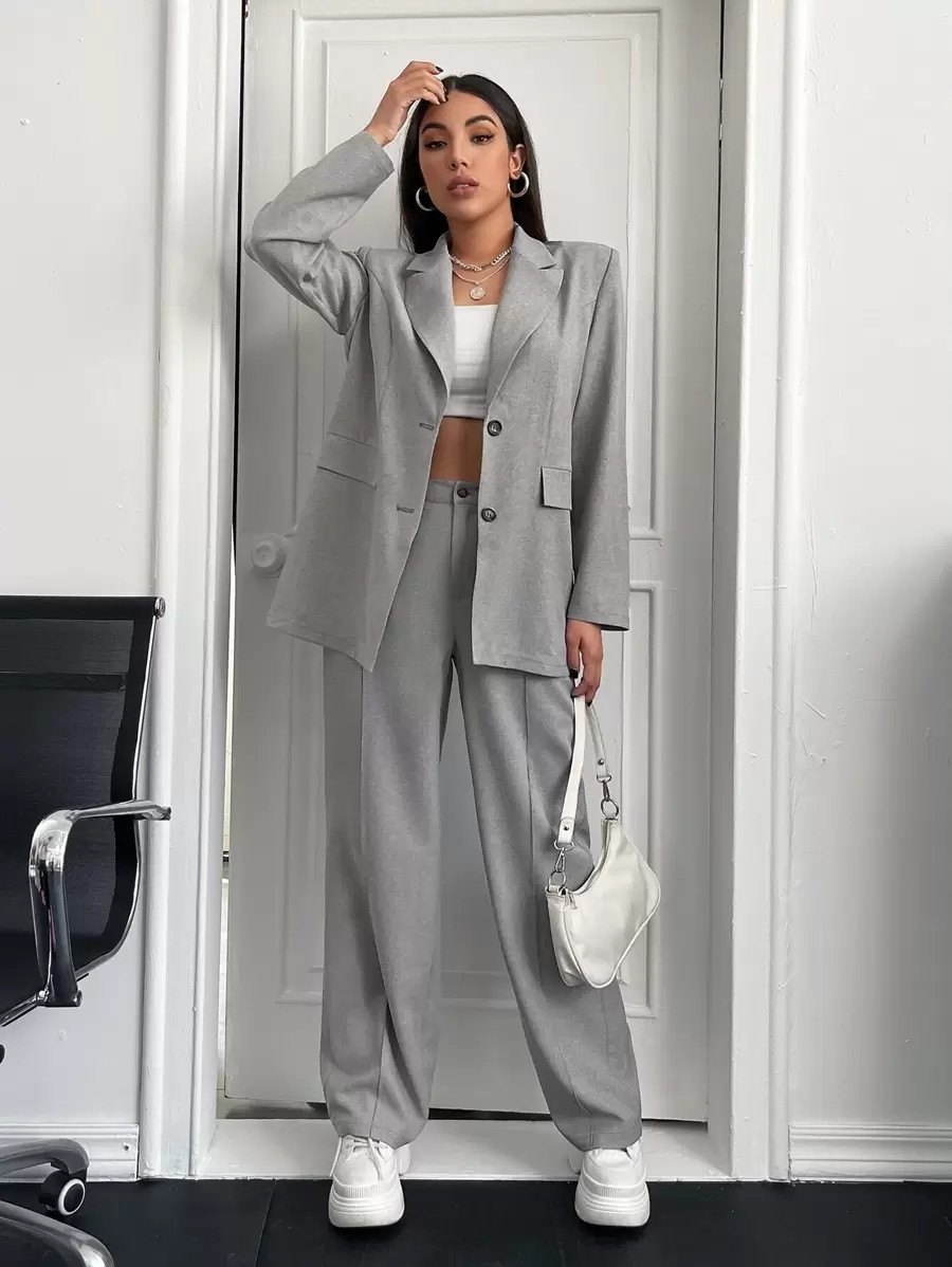 BizChic Solid Lapel Neck Blazer & Suit Trousers - Grey - View 1
