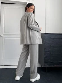 BizChic Solid Lapel Neck Blazer & Suit Trousers - Grey - View 2