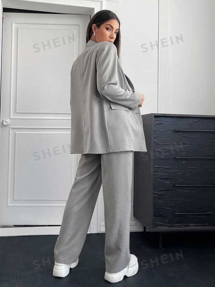SHEIN BIZwear Solid Lapel Neck Blazer & Suit Pants Workwear  