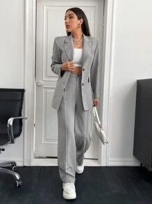 BizChic Solid Lapel Neck Blazer & Suit Trousers - Grey - View 3