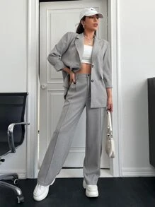 BizChic Solid Lapel Neck Blazer & Suit Trousers - Grey - View 4