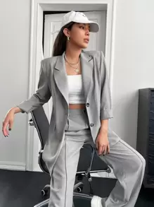 BizChic Solid Lapel Neck Blazer & Suit Trousers - Grey - View 6