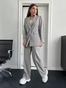 BizChic Solid Lapel Neck Blazer & Suit Trousers - Grey - View 7