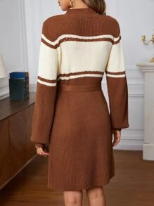 SHEIN Essnce 撞色小高領腰帶毛衣裙 - 彩色 - 查看 2