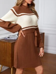 SHEIN Essnce 撞色小高領腰帶毛衣裙 - 彩色 - 查看 3