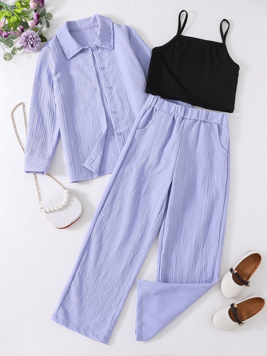 SHEIN Girls Button Up Shirt & Trousers & Cami Top - Multicolor - View 1