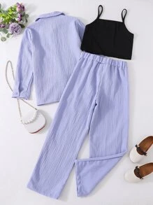 SHEIN Girls Button Up Shirt & Trousers & Cami Top - Multicolor - View 2