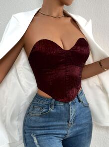 SHEIN Privé Áo nữ Ren lên Bất đối xứng Thùa khuyết màu trơn Hấp dẫn - Màu Đỏ Sâu - Xem 3