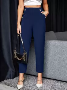 SHEIN Unity High Waist Fake Button Slant Pockets Pants