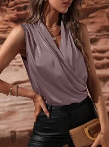 SHEIN Clasi Solid Ruched Overlap Collar Sleeveless Blouse - Mauve Purple - View 3