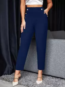 SHEIN Unity High Waist Fake Button Slant Pockets Pants