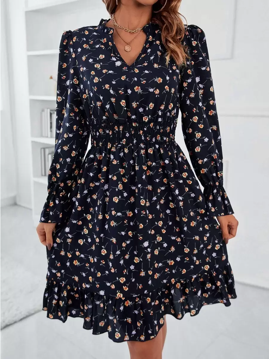 Breezaya 滿版印花缺口V領腰部打褶連衣裙