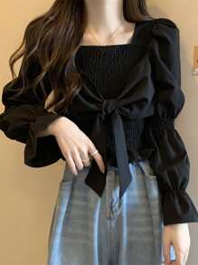 Solid Tie Front Marie Sleeve Crop Blouse,Long Sleeve Tops