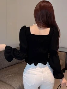 Solid Tie Front Marie Sleeve Crop Blouse,Long Sleeve Tops