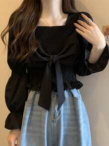 Solid Tie Front Marie Sleeve Crop Blouse,Long Sleeve Tops