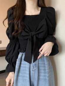 Solid Tie Front Marie Sleeve Crop Blouse,Long Sleeve Tops