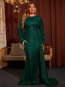 Plus Backless Mermaid Hem Sequin Formal Dress - Dark Green - View 1