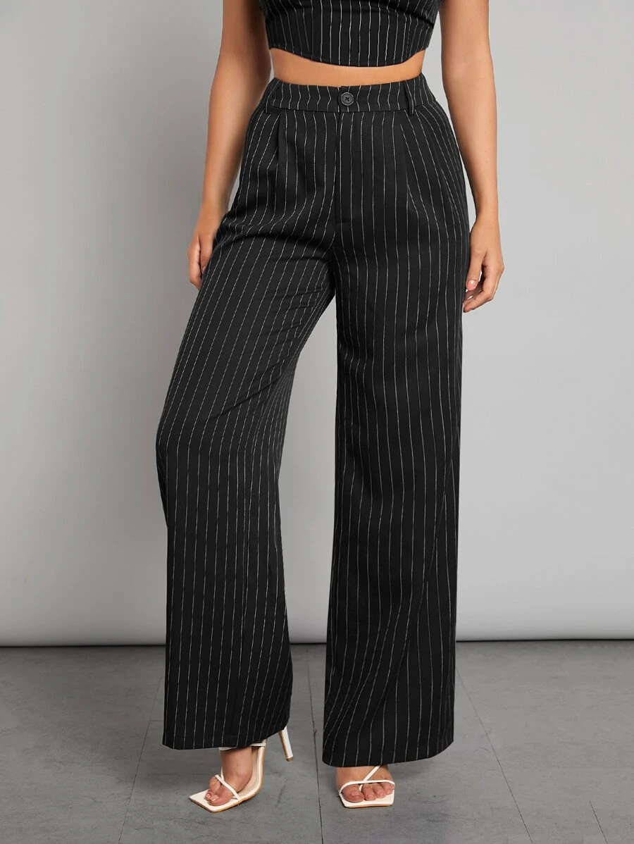 SHEINNeu Striped Wide Leg Trousers - Black - View 1