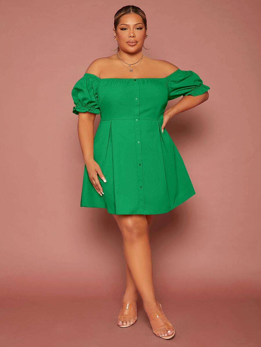 SHEIN SXY Plus Off Shoulder Puff Sleeve Fake Button Dress - Green - View 1
