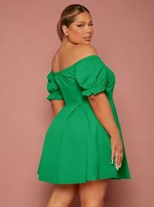 SHEIN SXY Plus Off Shoulder Puff Sleeve Fake Button Dress - Green - View 2