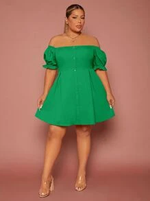 SHEIN SXY Plus Off Shoulder Puff Sleeve Fake Button Dress - Green - View 3