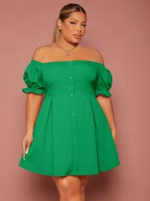 SHEIN SXY Plus Off Shoulder Puff Sleeve Fake Button Dress - Green - View 4