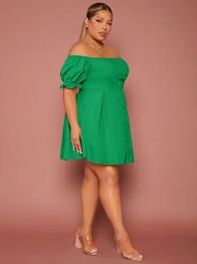 SHEIN SXY Plus Off Shoulder Puff Sleeve Fake Button Dress - Green - View 5