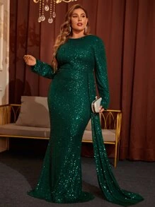 Plus Backless Mermaid Hem Sequin Formal Dress - Dark Green - View 5