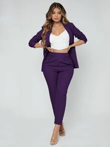 SHEIN SXY 秋冬披肩领前开襟西装外套和裤子套装 - 紫色 - 查看 4