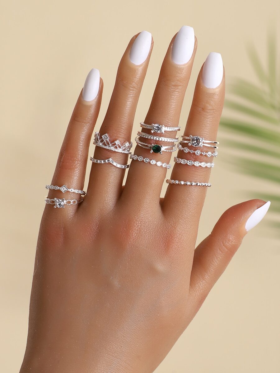 12 chiếc nhẫn kim loại thiết kế hình hoa và vương miện dành cho phụ nữ, thích hợp để đeo hàng ngày, du lịch, công tác, tiệc tùng, lễ hội, quà tặng sinh nhật, ngày lễ tình nhân, mẹ, mẹ, ngày của mẹ, quà tặng - Bạc - Xem 1