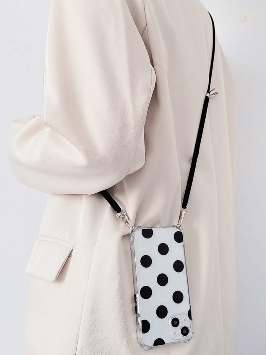 Black Polka Dot Shockproof Bumper Case With Transparent Shell + Black Shoelace Lanyard Strap Compatible With IPhone/16/16Pro/16Plus/16Promax/15/14/13/12/11/XR/7P/16E/IPhone17/17Pro/17AIR/17PROMAX