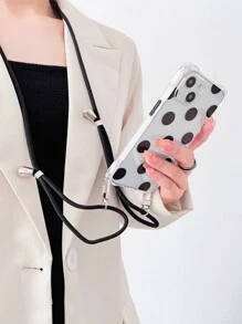 Black Polka Dot Shockproof Bumper Case With Transparent Shell + Black Shoelace Lanyard Strap Compatible With IPhone/16/16Pro/16Plus/16Promax/15/14/13/12/11/XR/7P/16E/IPhone17/17Pro/17AIR/17PROMAX
