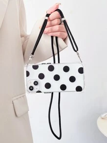 Black Polka Dot Shockproof Bumper Case With Transparent Shell + Black Shoelace Lanyard Strap Compatible With IPhone/16/16Pro/16Plus/16Promax/15/14/13/12/11/XR/7P/16E/IPhone17/17Pro/17AIR/17PROMAX