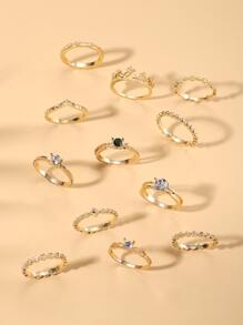 12入組金屬花和皇冠有圖案戒指適合女士,日常穿著,商業,工作,節日,生日禮物 - 金黃色 - 查看 2