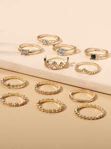 12入組金屬花和皇冠有圖案戒指適合女士,日常穿著,商業,工作,節日,生日禮物 - 金黃色 - 查看 3