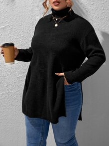 Calvaya 加大码高领开衩下摆针织套头衫 秋冬款 - 黑色 - 查看 1