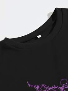 SHEIN EZwear Skeleton Print Drop Shoulder Thermal Sweatshirt - Black - View 3