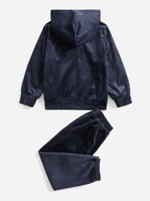 SHEIN 小男童字母貼布絲絨連帽衫和運動褲 - 藏蓝色 - 查看 2