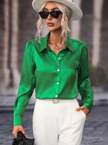 Chiquease Áo sơ mi nữ Nút phía trước màu trơn Hấp dẫn - màu xanh lá - Xem 4