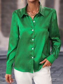 Chiquease Áo sơ mi nữ Nút phía trước màu trơn Hấp dẫn - màu xanh lá - Xem 5