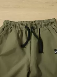 SHEIN Leap Crew Boys Letter Patched Detail Drawstring Waist Trousers - Army Green - View 3