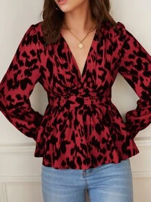 SHEIN Frenchy 交疊領抽褶袖口滿版印花荷葉邊下擺襯衫 - 紅色 - 查看 4