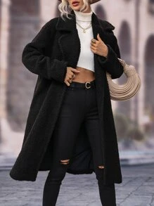 SHEIN LUNE Abrigo teddy de cuello con solapa con parte delantera abierta - Negro - Ver 1