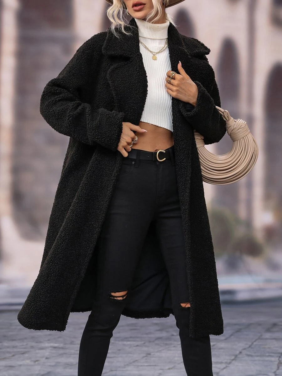 SHEIN LUNE Abrigo teddy de cuello con solapa con parte delantera abierta - Negro - Ver 1