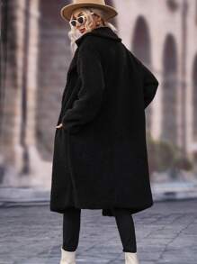 SHEIN LUNE Abrigo teddy de cuello con solapa con parte delantera abierta - Negro - Ver 2